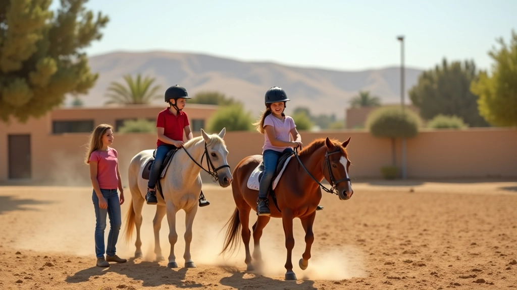 مدرسة فارس الشباب للفروسية في سقارة مع مدربين وأطفال يتعلمون ركوب الخيل في بيئة آمنة وودية
